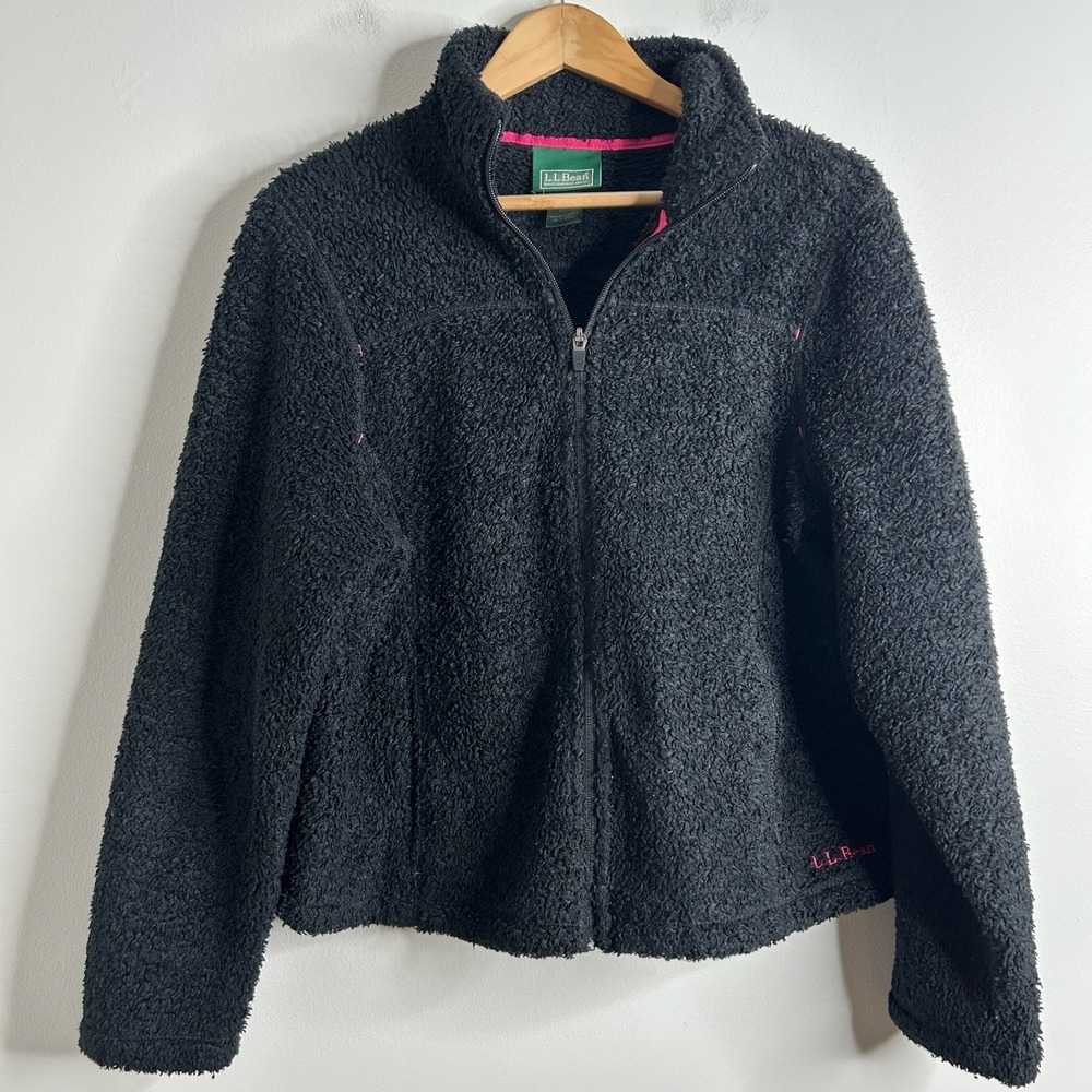 LL Bean Women‎ Deep Pile Fleece Jacket Full Zip Black Pink Trim Sz L Cozy Warm